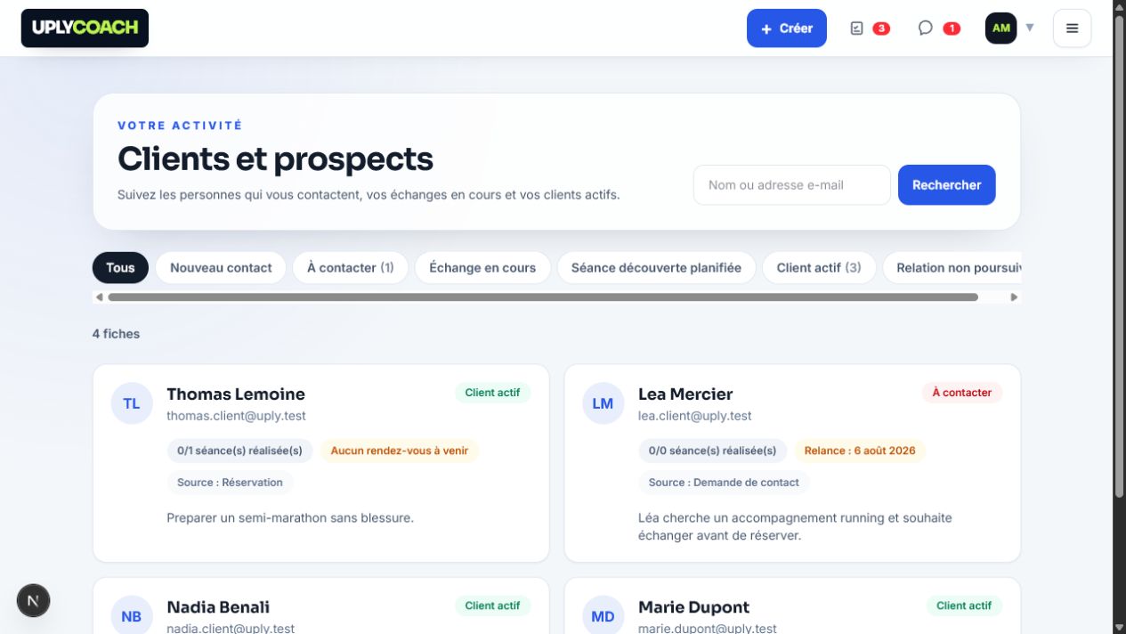 Portefeuille de clients actifs et prospects dans le cockpit coach Uply