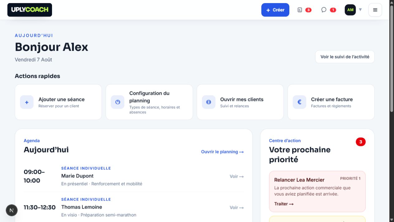 Tableau de bord coach Uply avec trois séances du jour et les priorités à traiter