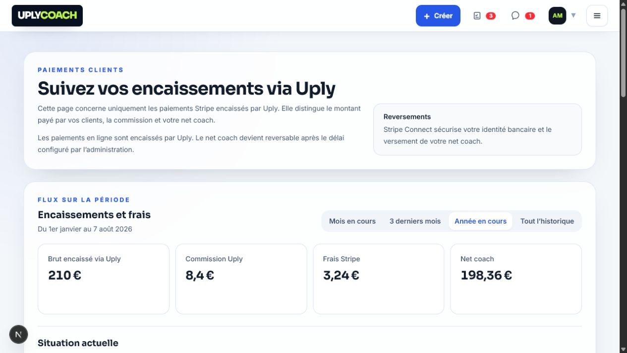 Suivi des encaissements, commissions et revenus nets dans le cockpit coach Uply