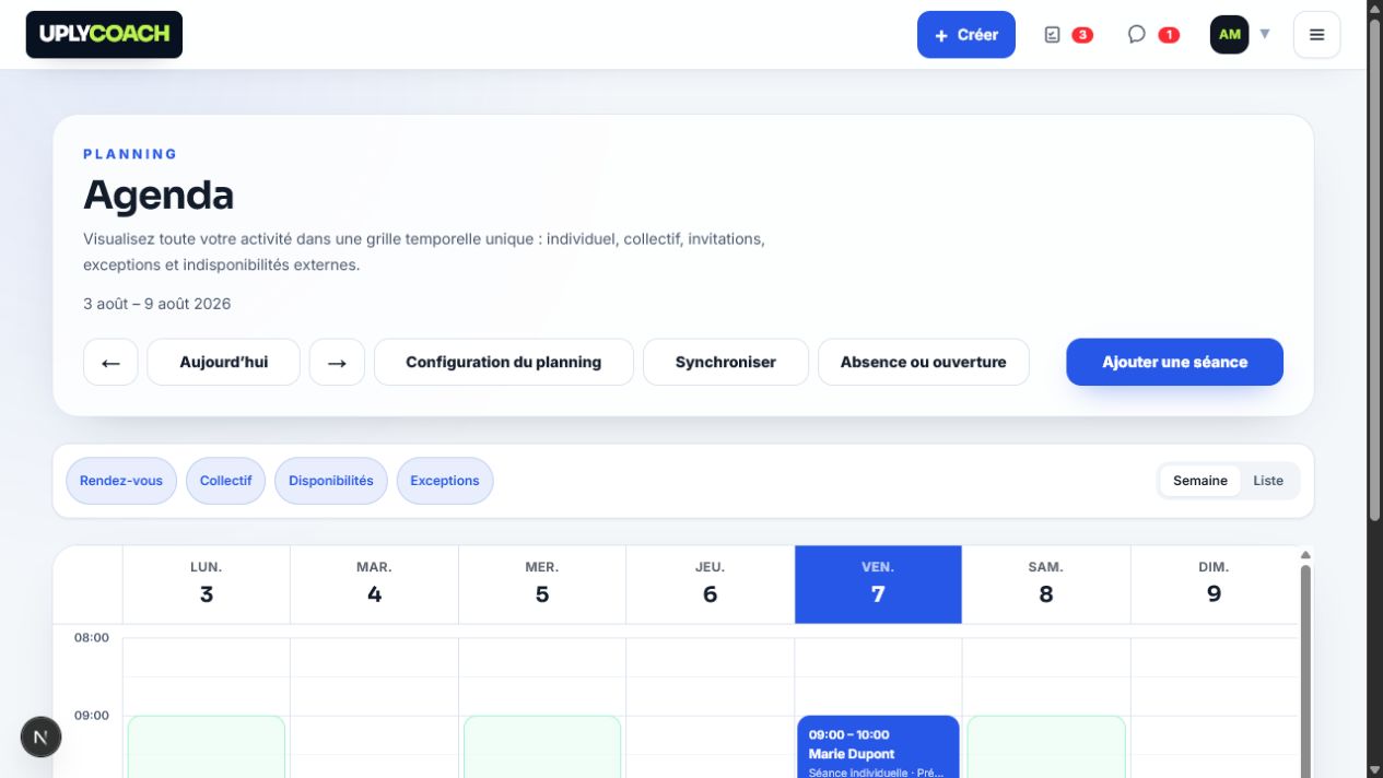 Agenda du cockpit coach Uply avec disponibilités et rendez-vous confirmés